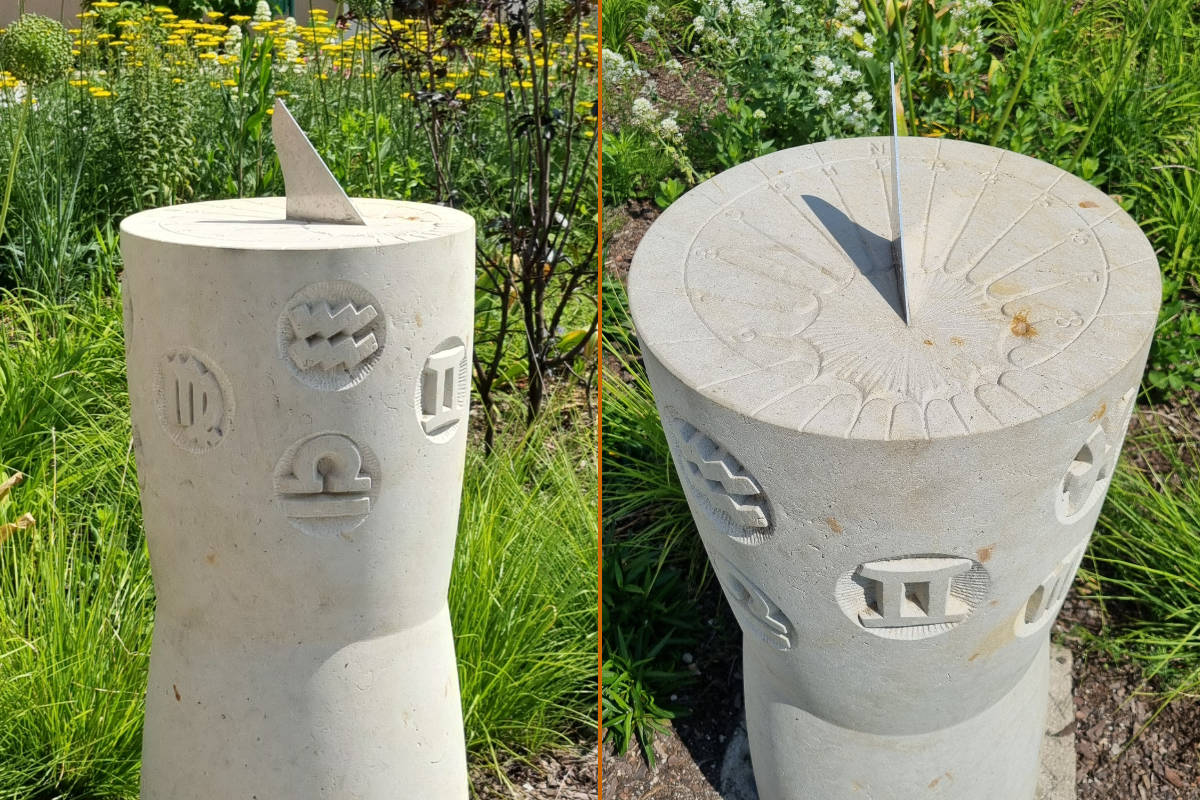 Handgefertigte Sonnenuhr aus Sandstein.