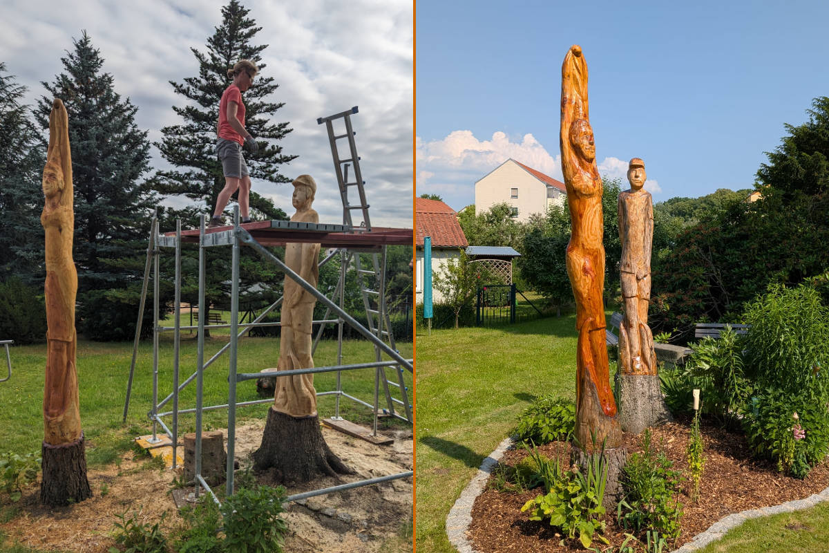 Zwei handgefertigte Stelen aus Eichenholz, bemalt.